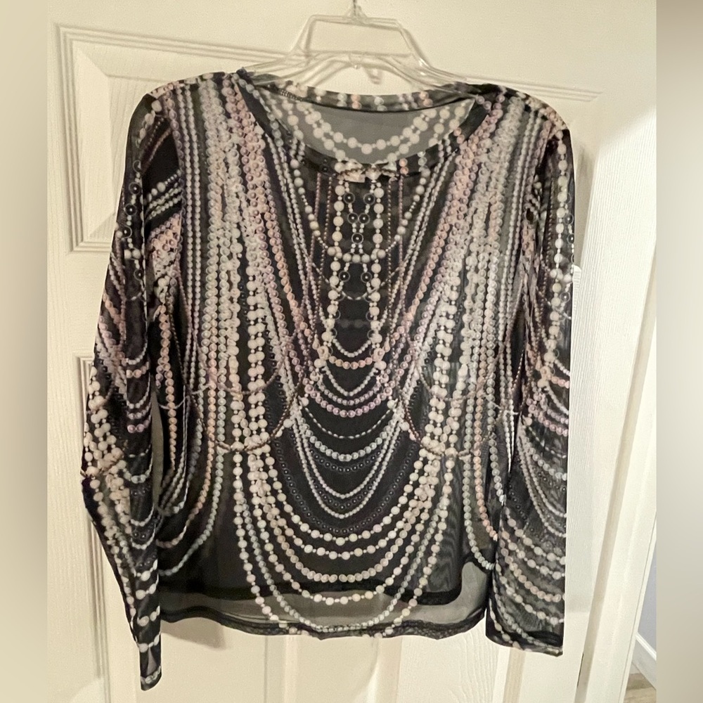 Women’s Sheer Elegant Black and White Beaded Pattern Top